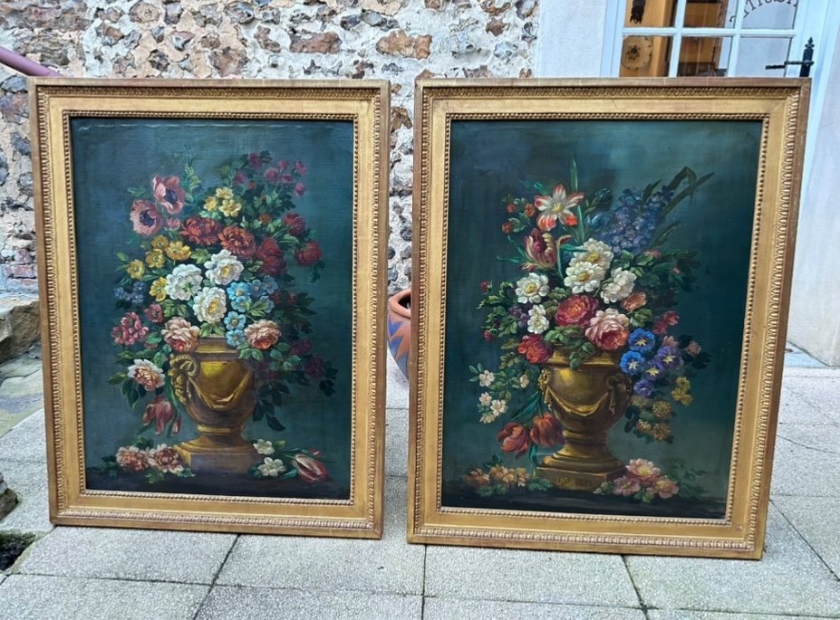 Pair Of Large Still Lifes Of Flowers. Oils On Canvas.