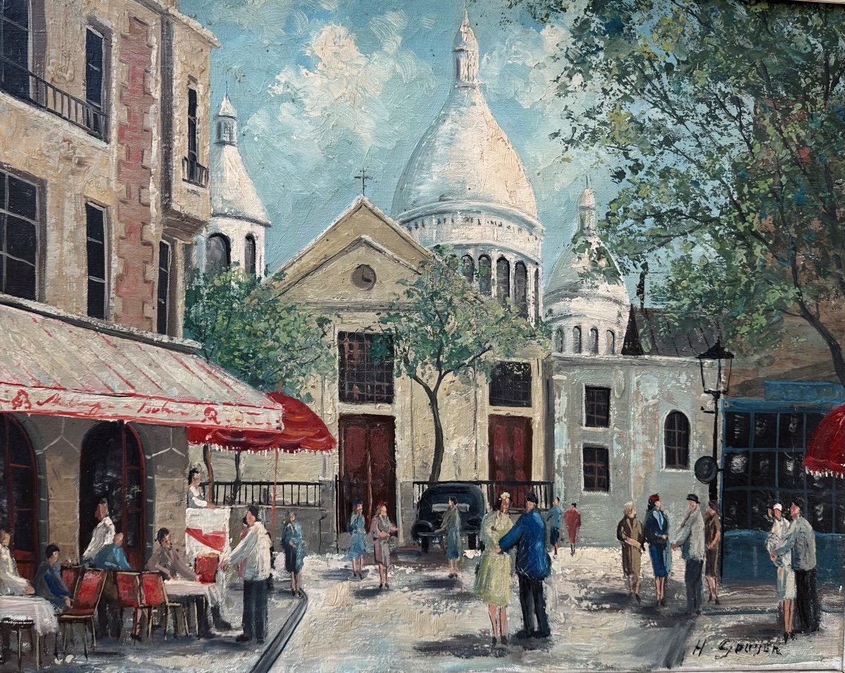 H. Gouter «  Montmartre  Au Printemps « Paris . Place Du Tertre. Basilique Du Sacré Cœur. 