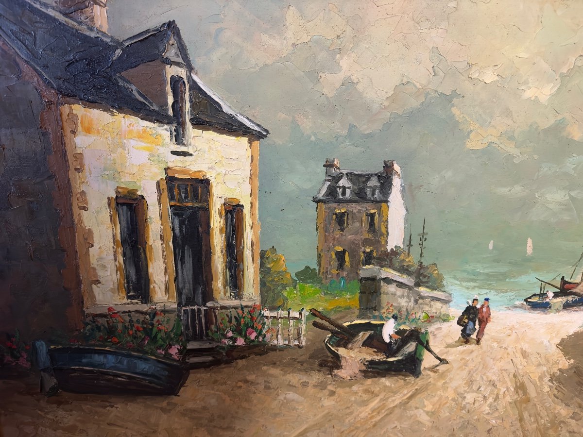 Huile Sur Toile. Village De Pêcheurs En Bretagne. -photo-4