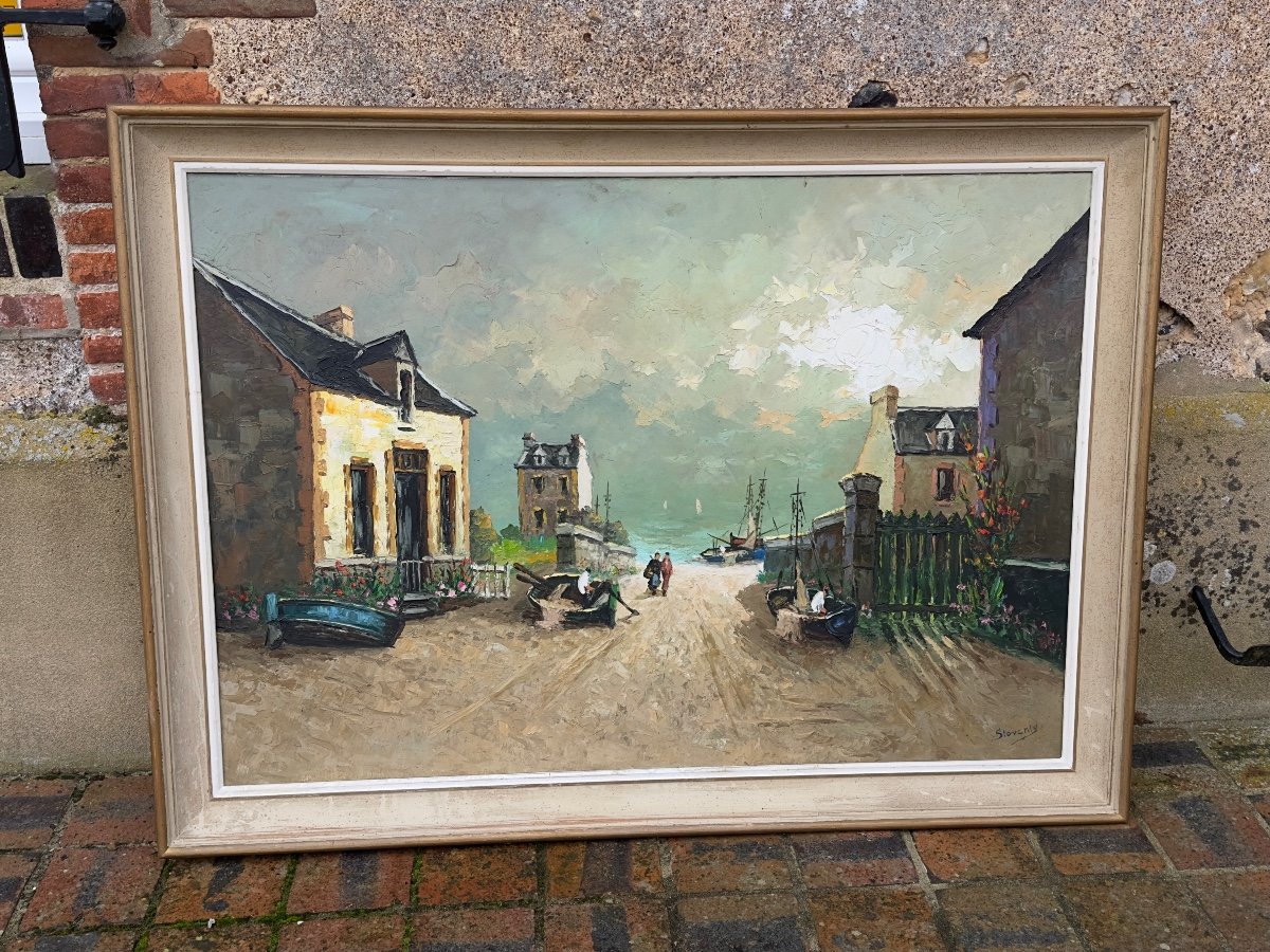 Huile Sur Toile. Village De Pêcheurs En Bretagne. -photo-3