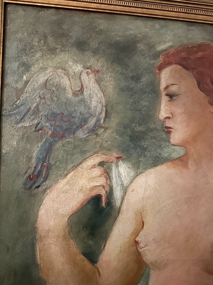 Nu. Huile Sur Toile « la Femme à La Colombe ».  Epoque Art Déco. -photo-3