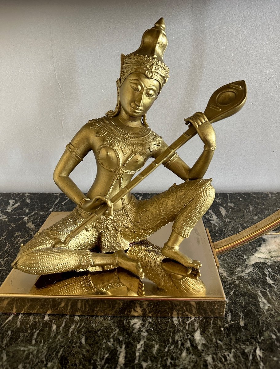 Lampe Bouddha Assis En Bronze Doré. -photo-2