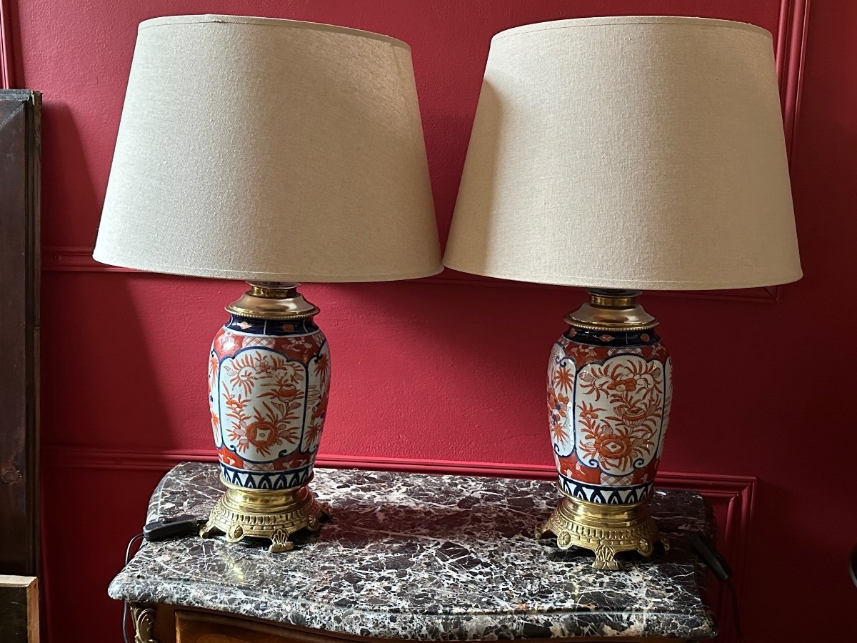 Pair Of Lamps. Imari Porcelain (japan). 19th Century.-photo-1