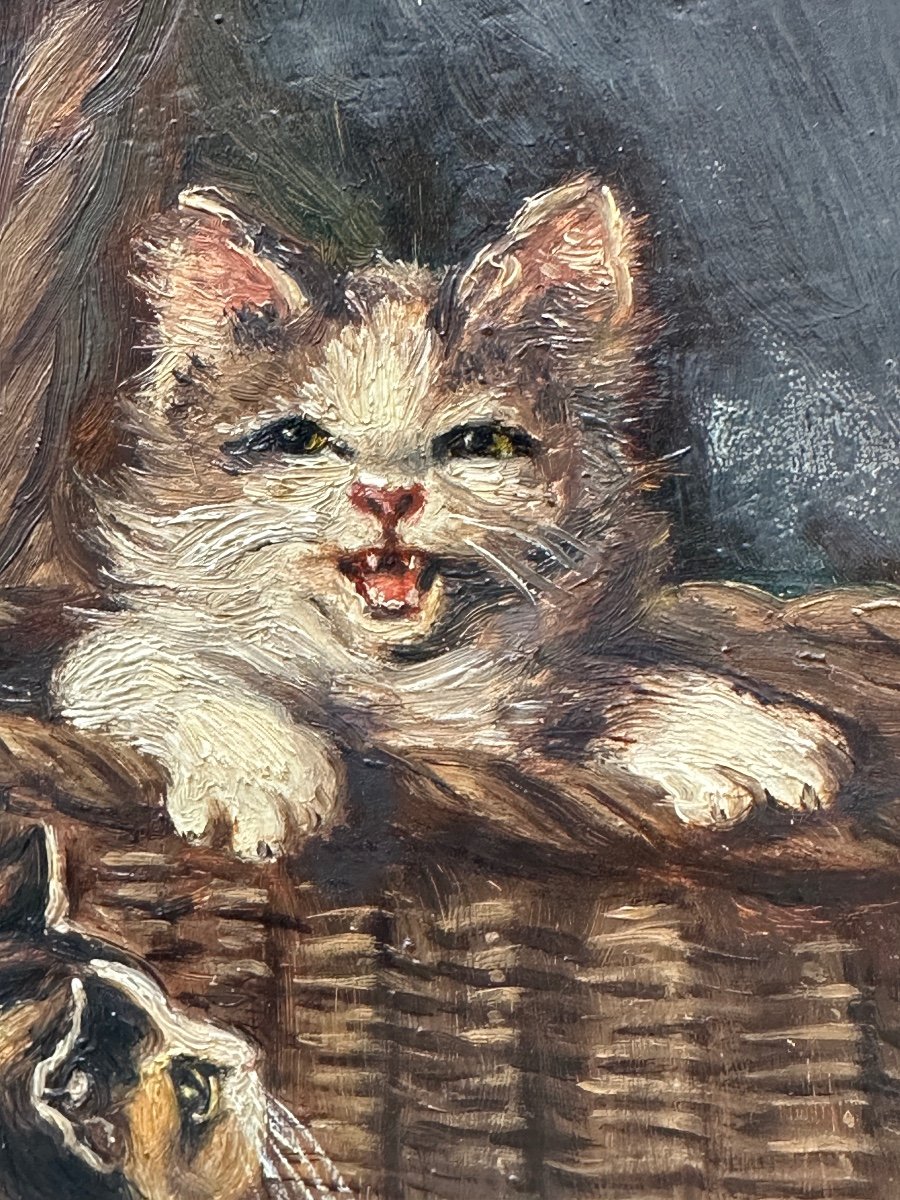 «  Les Chatons » Huile Sur Panneau D’époque 1900. -photo-2