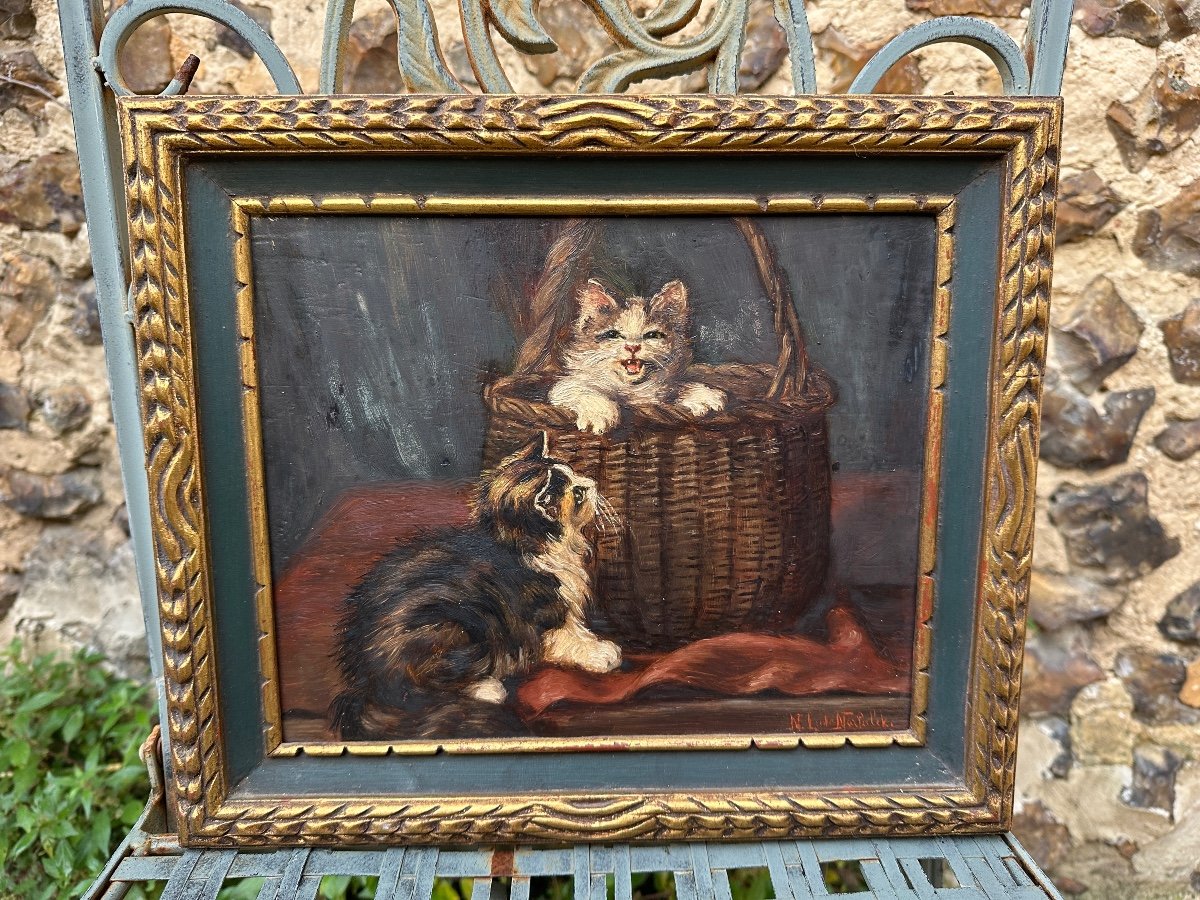 «  Les Chatons » Huile Sur Panneau D’époque 1900. -photo-1