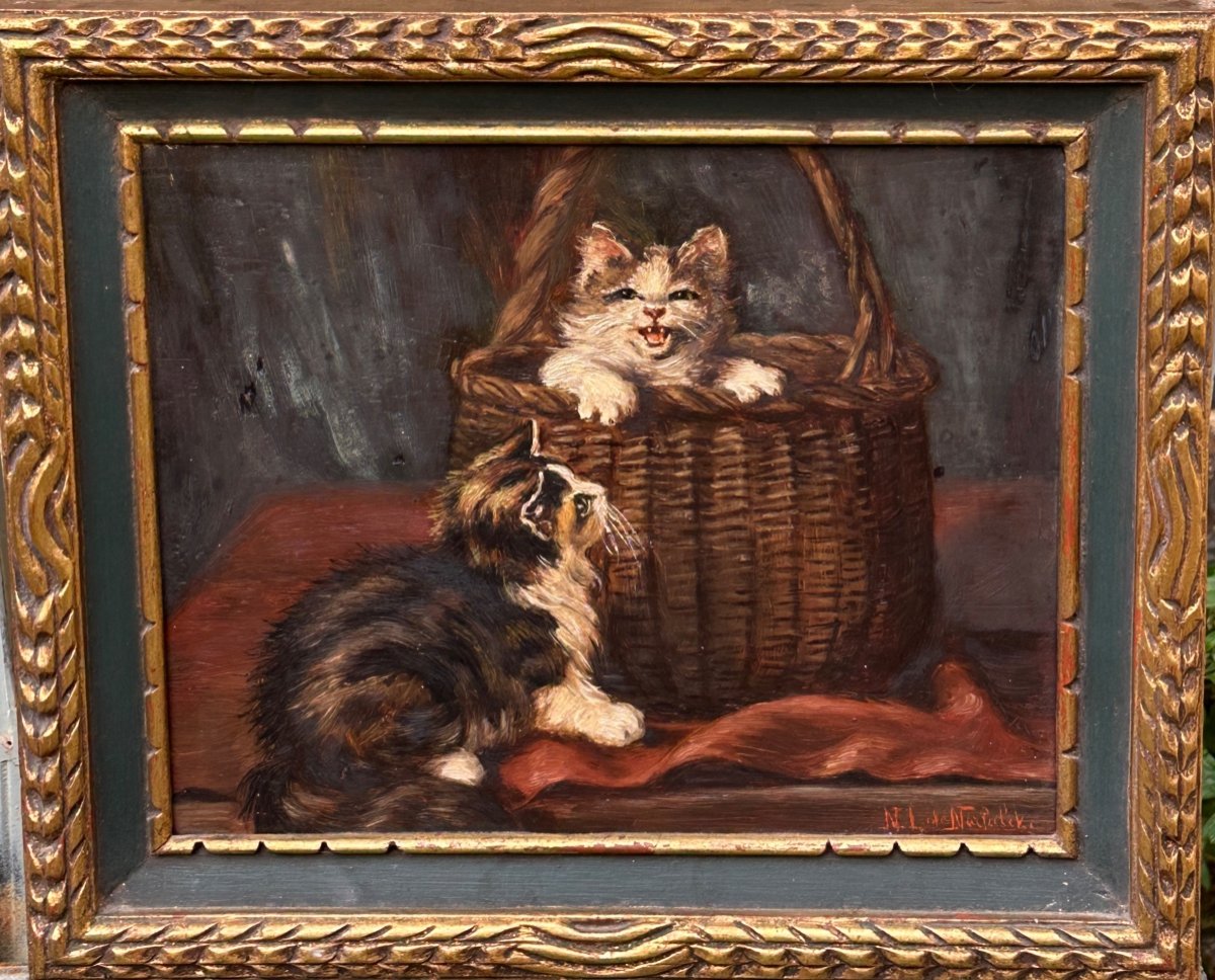 «  Les Chatons » Huile Sur Panneau D’époque 1900. 