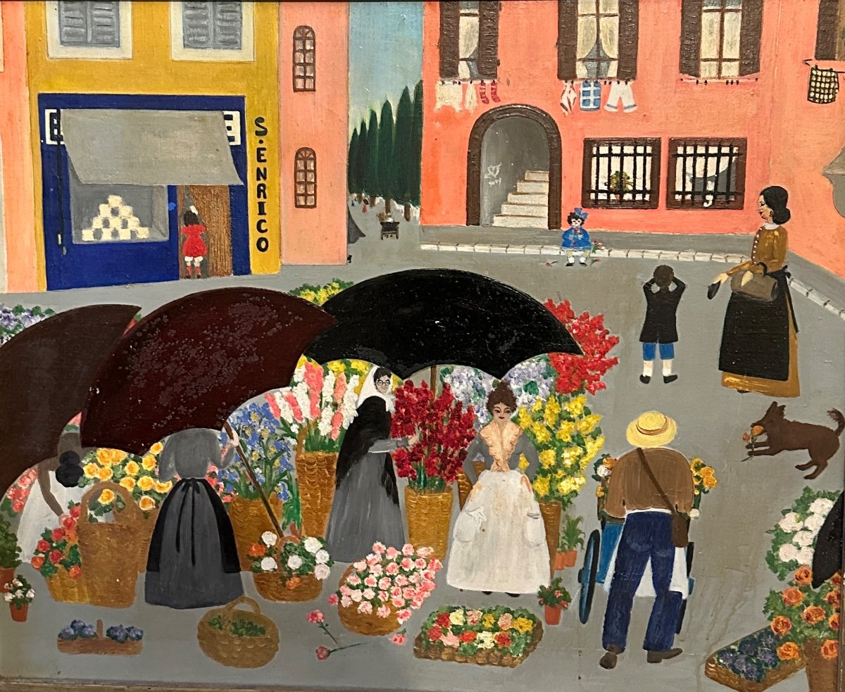 Art Naïf «  Le Marché Aux Fleurs «  Huile Sur Toile. 