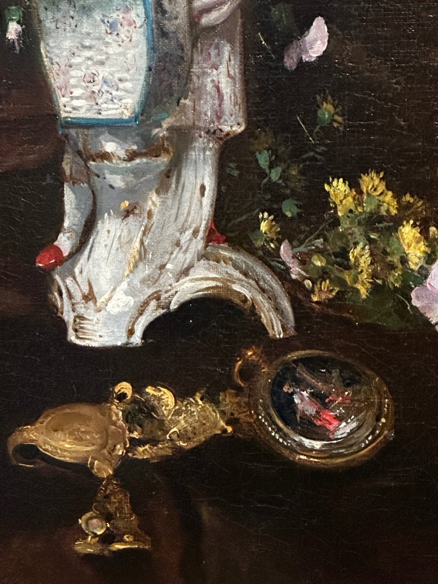 Eugène Henri Cauchois (1850-1911 ) Nature Morte Au Vase De Fleurs Et Aux Bijoux. Hst. -photo-3