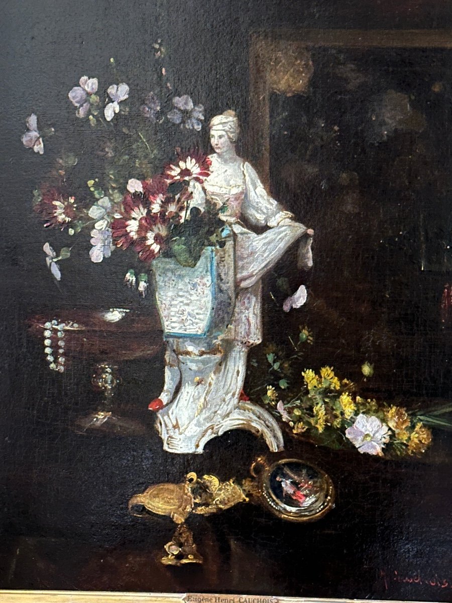 Eugène Henri Cauchois (1850-1911 ) Nature Morte Au Vase De Fleurs Et Aux Bijoux. Hst. -photo-3