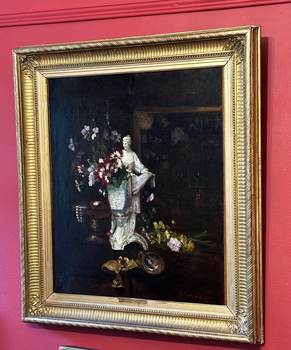 Eugène Henri Cauchois (1850-1911 ) Nature Morte Au Vase De Fleurs Et Aux Bijoux. Hst. 