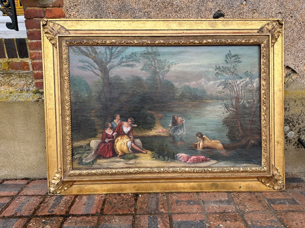 Romantic Oil On Canvas "the Bathers". -photo-2