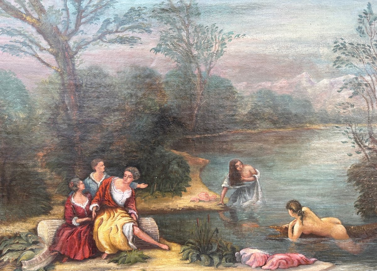 Romantic Oil On Canvas "the Bathers". -photo-3