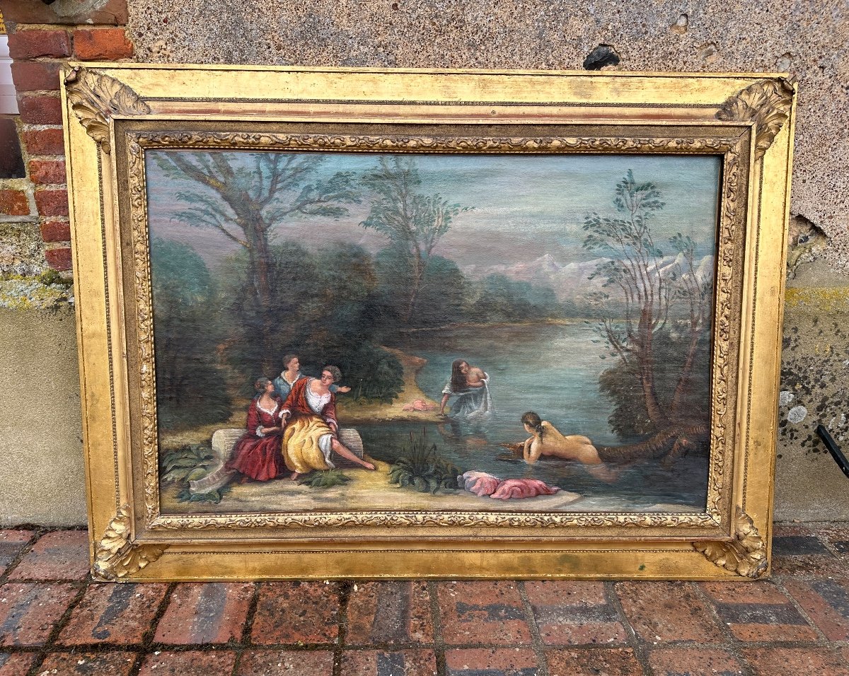 Romantic Oil On Canvas "the Bathers". -photo-2