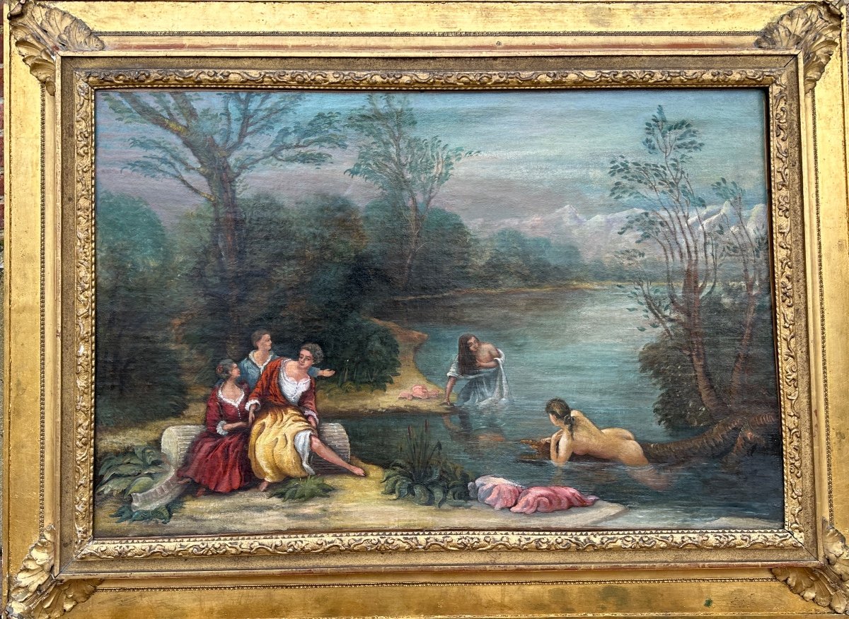 Romantic Oil On Canvas "the Bathers". 