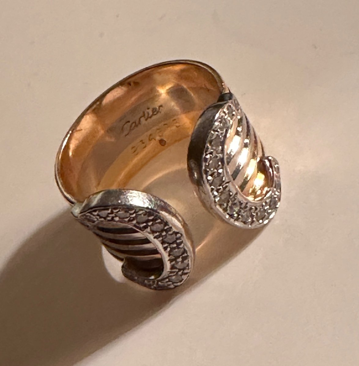 Cartier Double C Large Three Gold And Diamond Ring. 