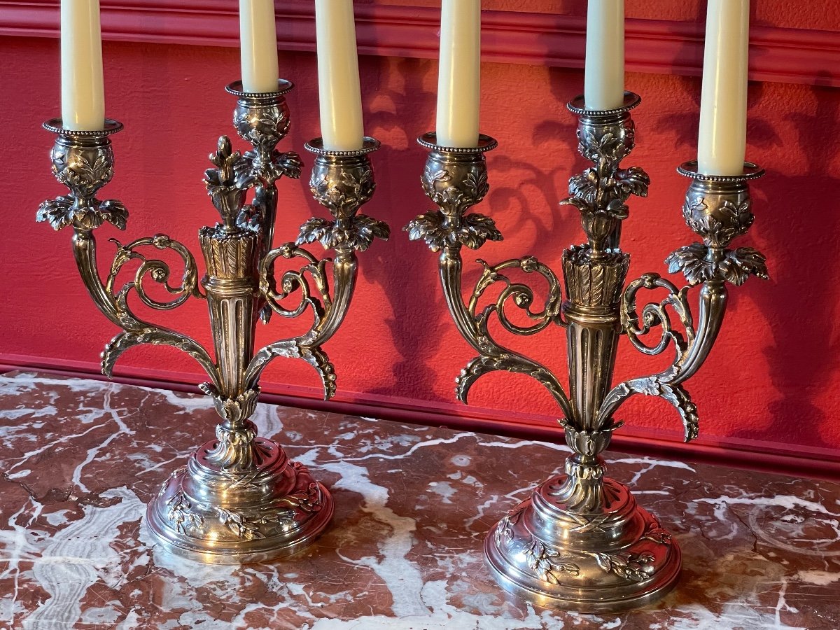 Pair Of Candelabra Or Candlesticks In Silver Bronze Louis XVI Style.-photo-1