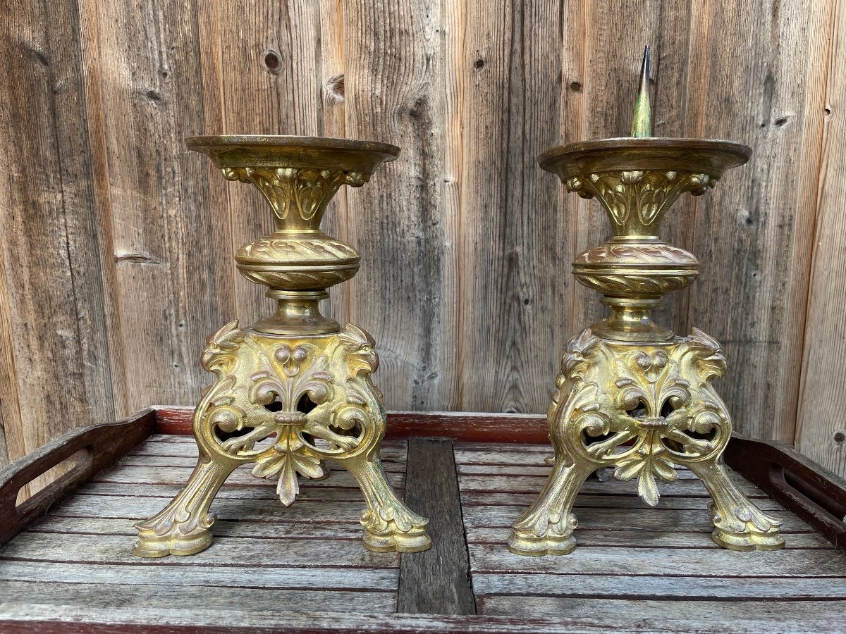 Pair Of Spades - Candlesticks In Gilt Bronze Renaissance Style.-photo-3