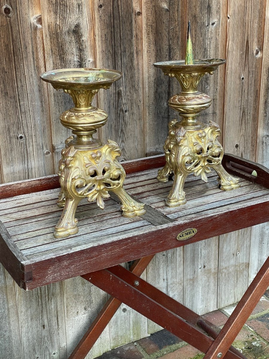 Pair Of Spades - Candlesticks In Gilt Bronze Renaissance Style.-photo-6