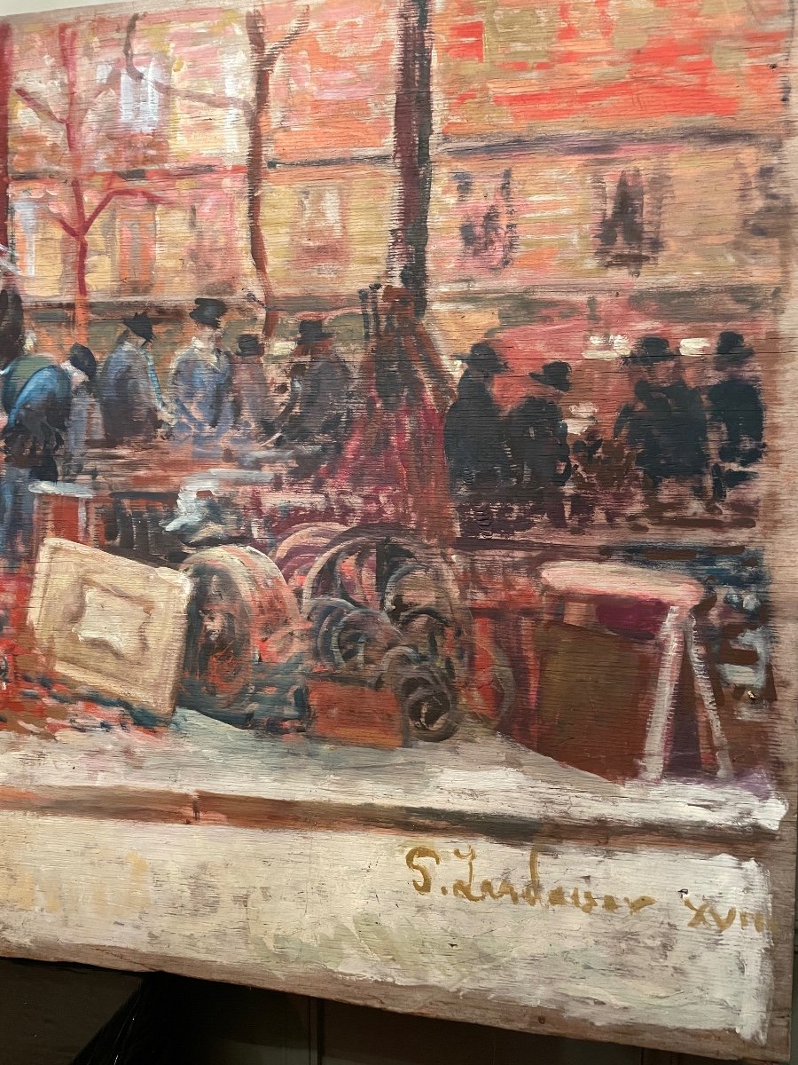 « le Marché Aux Puces » Par Patrice Landauer.  Grande Huile Sur Panneau,  1m 90 De Long. -photo-3