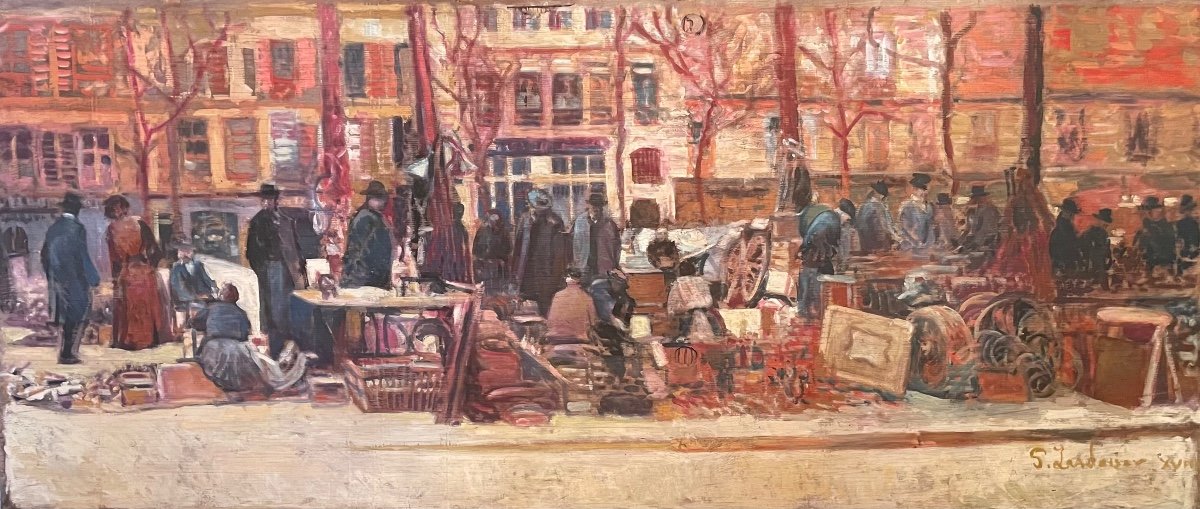 « Le Marché Aux Puces » par Patrice Landauer.  Grande Huile Sur Panneau,  1m 90 De Long. -photo-4