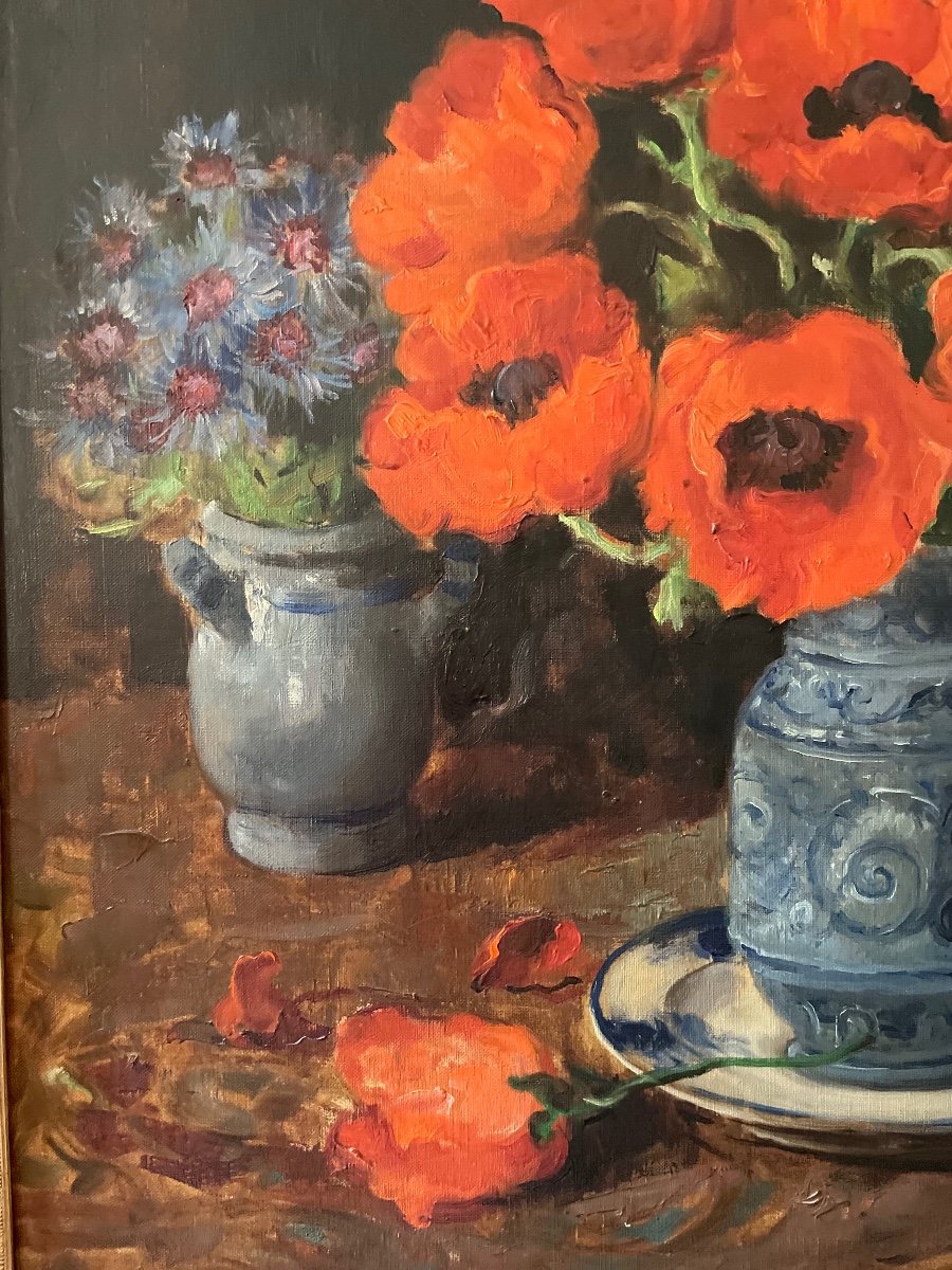 Large Oil On Canvas "poppies And Cornflowers" Signed Louis Rigaux (1887-1954).-photo-1