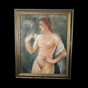 Naked. Oil On Canvas “the Woman With The Dove”. Art Deco Period. 
