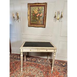 Bureau Plat De Style Louis XVI En Bois Peint. 