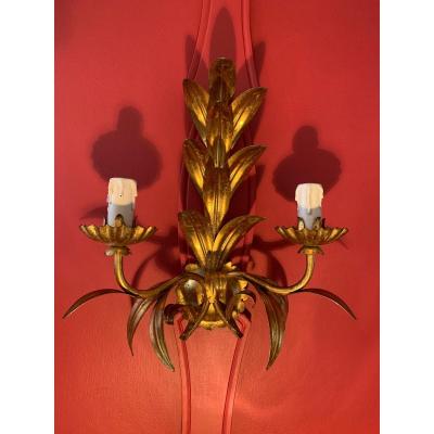 Pair Of Wall Lights In Golden And Aged Metal Circa 1970.