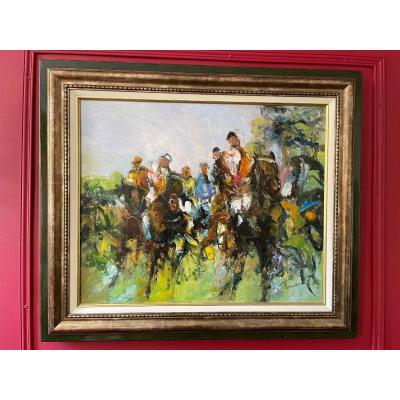 Course De Chevaux Pur-sang . Huile Sur Toile. 