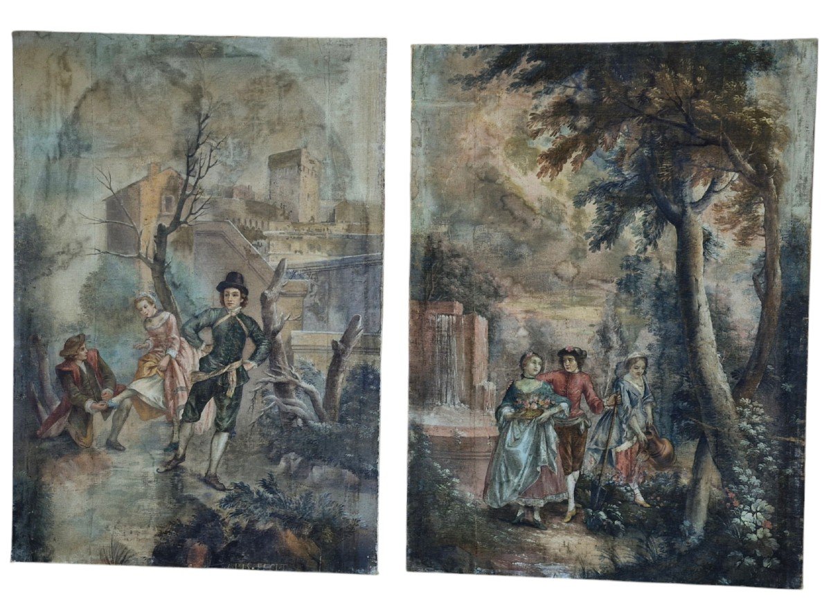 Deux Huile Sur Toile Peints à La Tempéra 