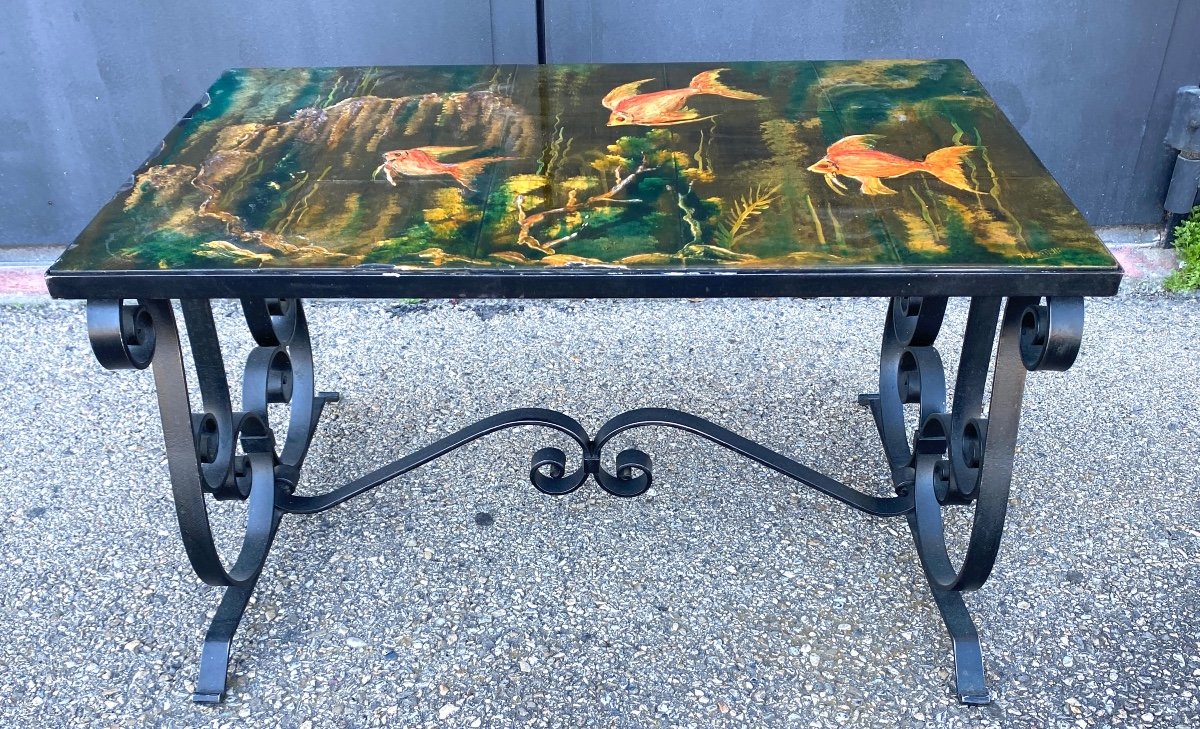 Table With Lacquered Wood With Fish Decorations And Wrought Iron Base 70 Signed P Bertille-photo-4