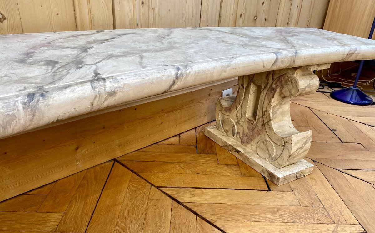 Pair Of Curved Wooden Benches Imitation Marble -photo-4