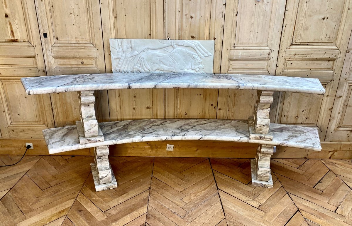 Pair Of Curved Wooden Benches Imitation Marble -photo-2