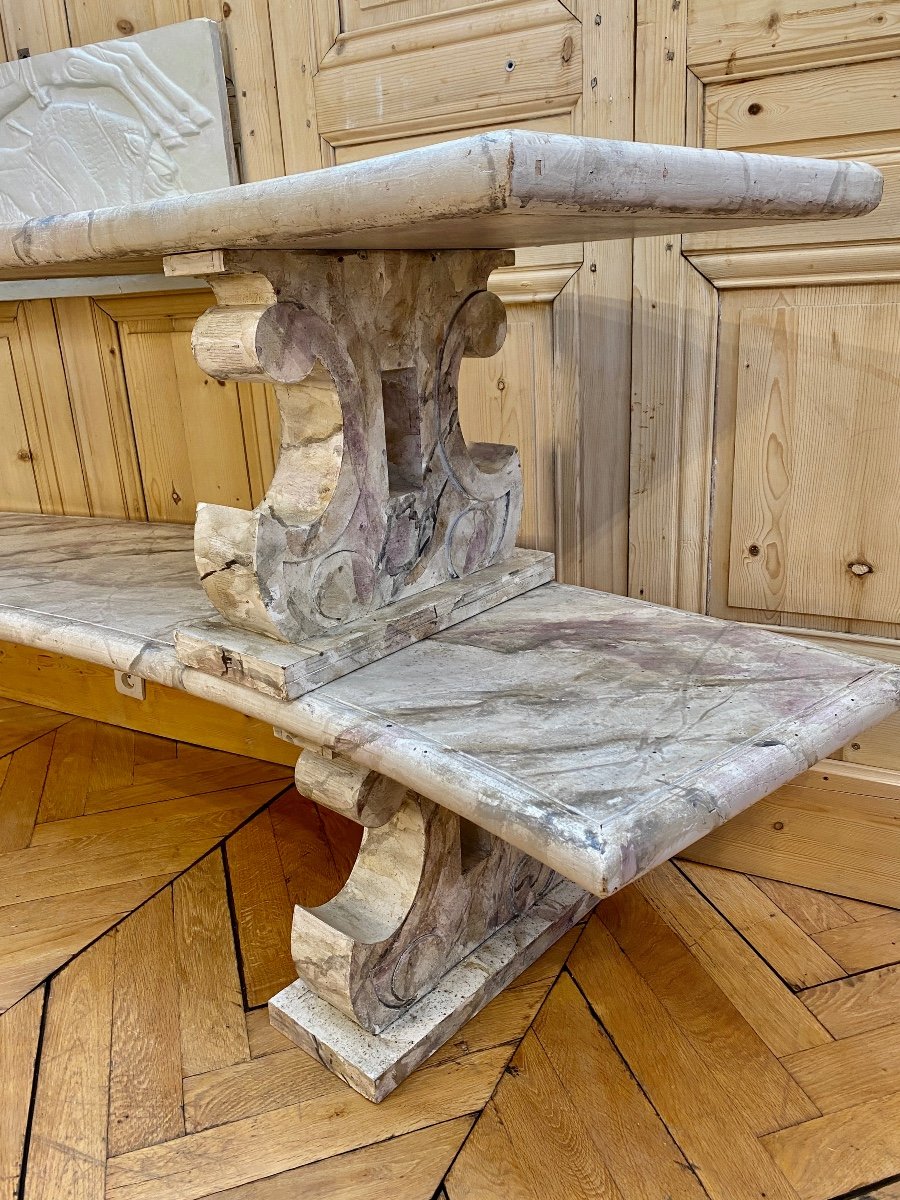 Pair Of Curved Wooden Benches Imitation Marble -photo-3