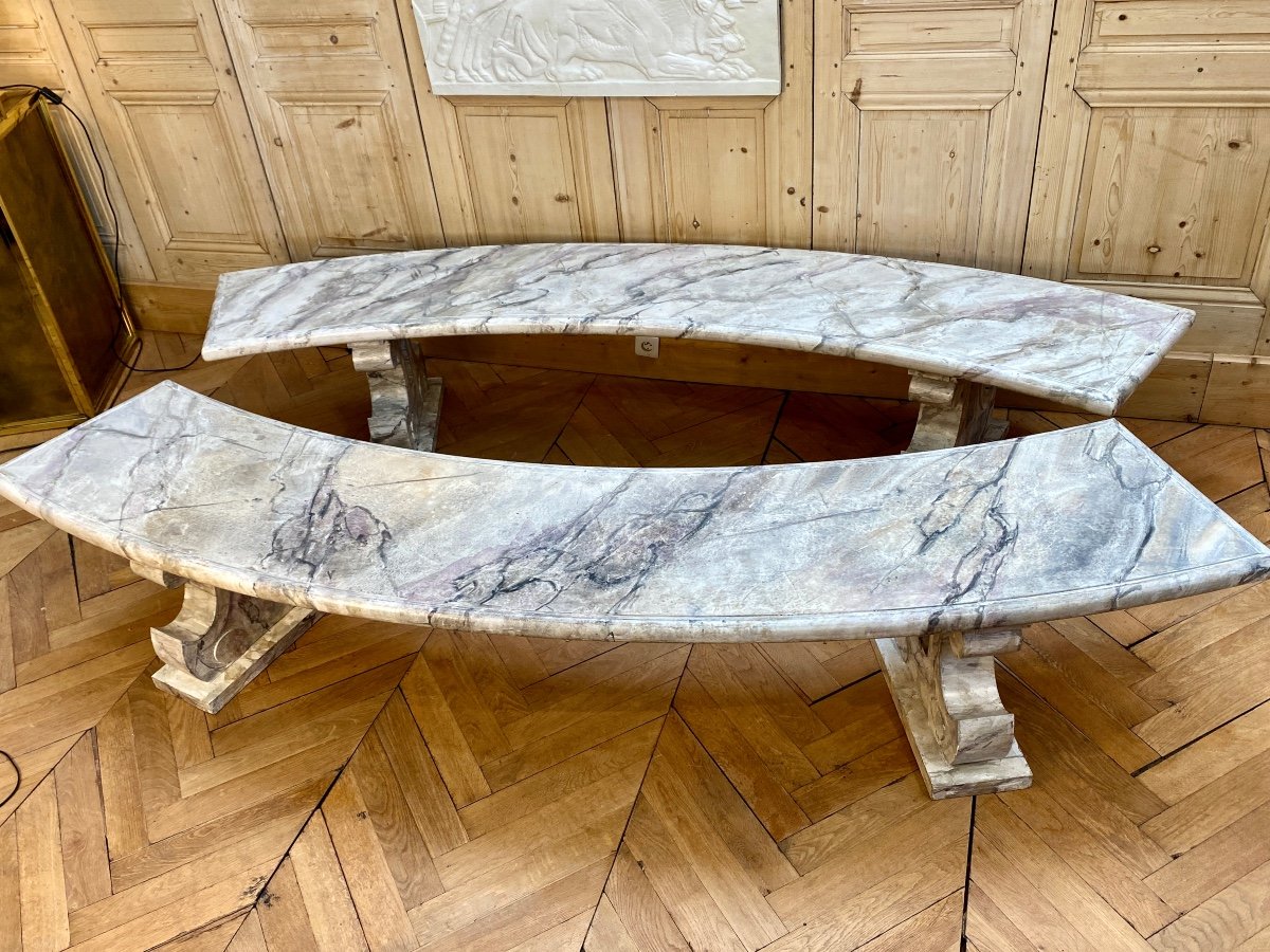 Pair Of Curved Wooden Benches Imitation Marble -photo-4