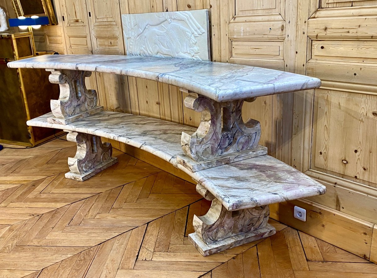 Pair Of Curved Wooden Benches Imitation Marble 