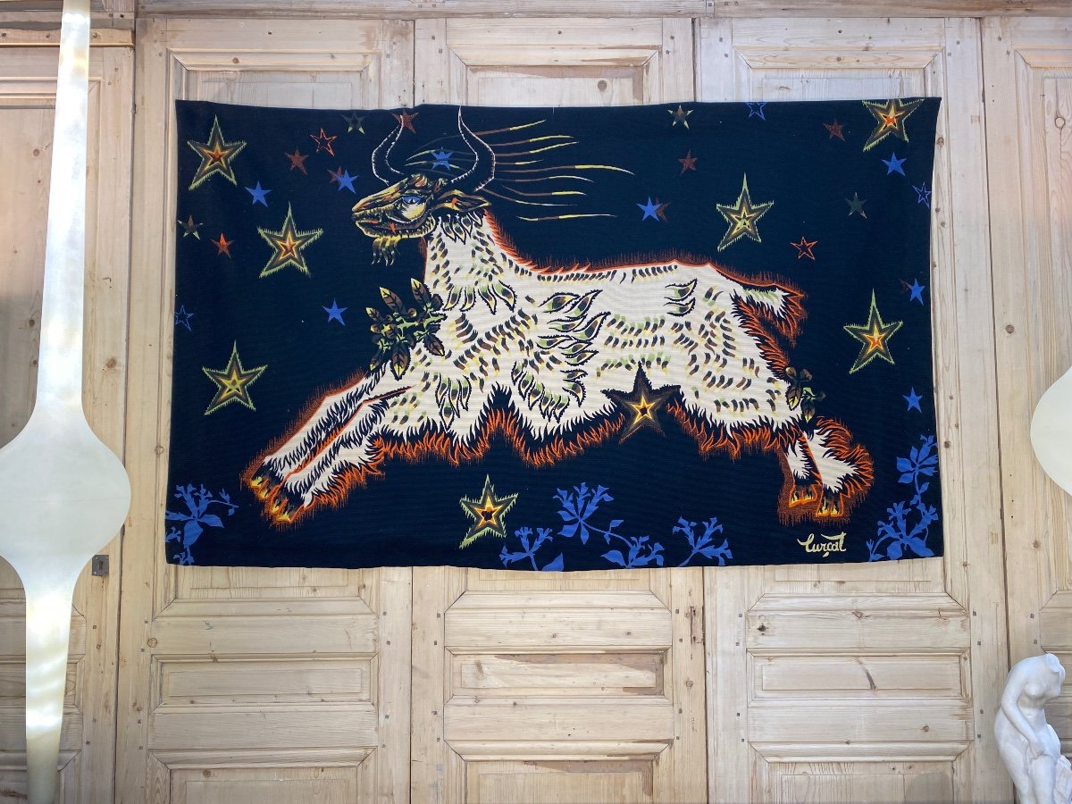 Tapestry / Screen Print By Jean Lurcat, The Goat With The Stars.-photo-7