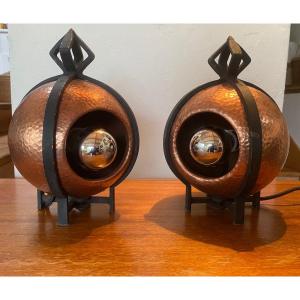 Rare! Pair Of Art Deco Lamps In Dinanderie