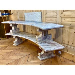 Pair Of Curved Wooden Benches Imitation Marble 