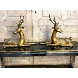 Maison Jansen Or Romeo Gilt Bronze Deer Sculptures.