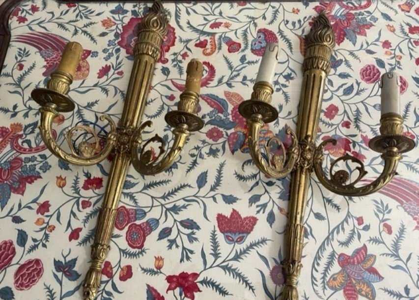 Pair Of Louis XVI Style Sconces In Gilded Bronze