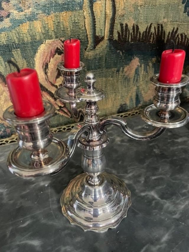 Pair Of Three-branched Candlesticks In Silver-plated Metal-photo-2