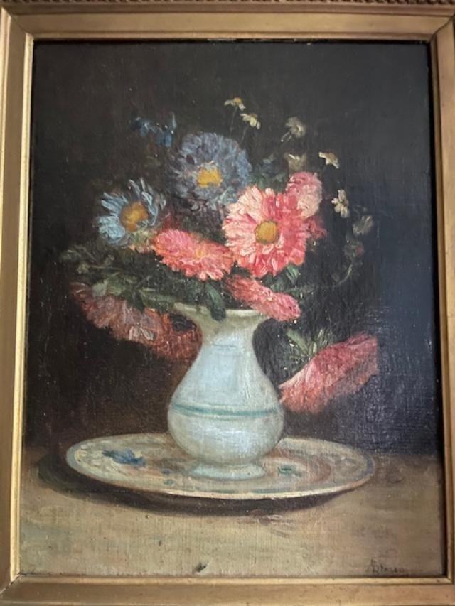 Charmante huile sur toile figurant un bouquet de fleurs dans un vase d'époque 19 ème-photo-3