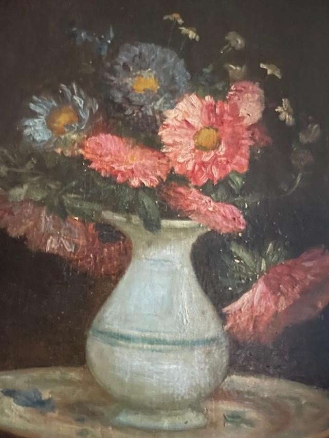 Charming Oil On Canvas Depicting A Bouquet Of Flowers In A 19th Century Vase-photo-1