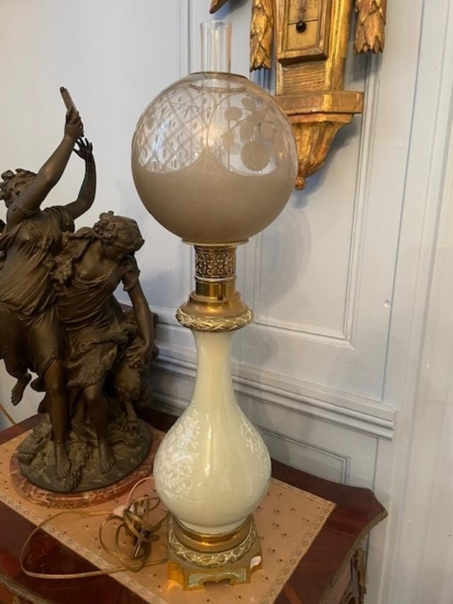 Lampe à pétrole en porcelaine céladon époque 19 ème