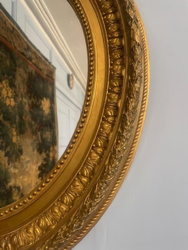 Beautiful Oval Mirror In Wood And Gilded Stucco From The 19th Century-photo-2