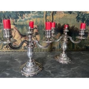 Pair Of Three-branched Candlesticks In Silver-plated Metal