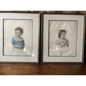 Pair Of Engravings On Paper With Color Highlights, The Duke Of Bordeaux And Mademoiselle d'Artois