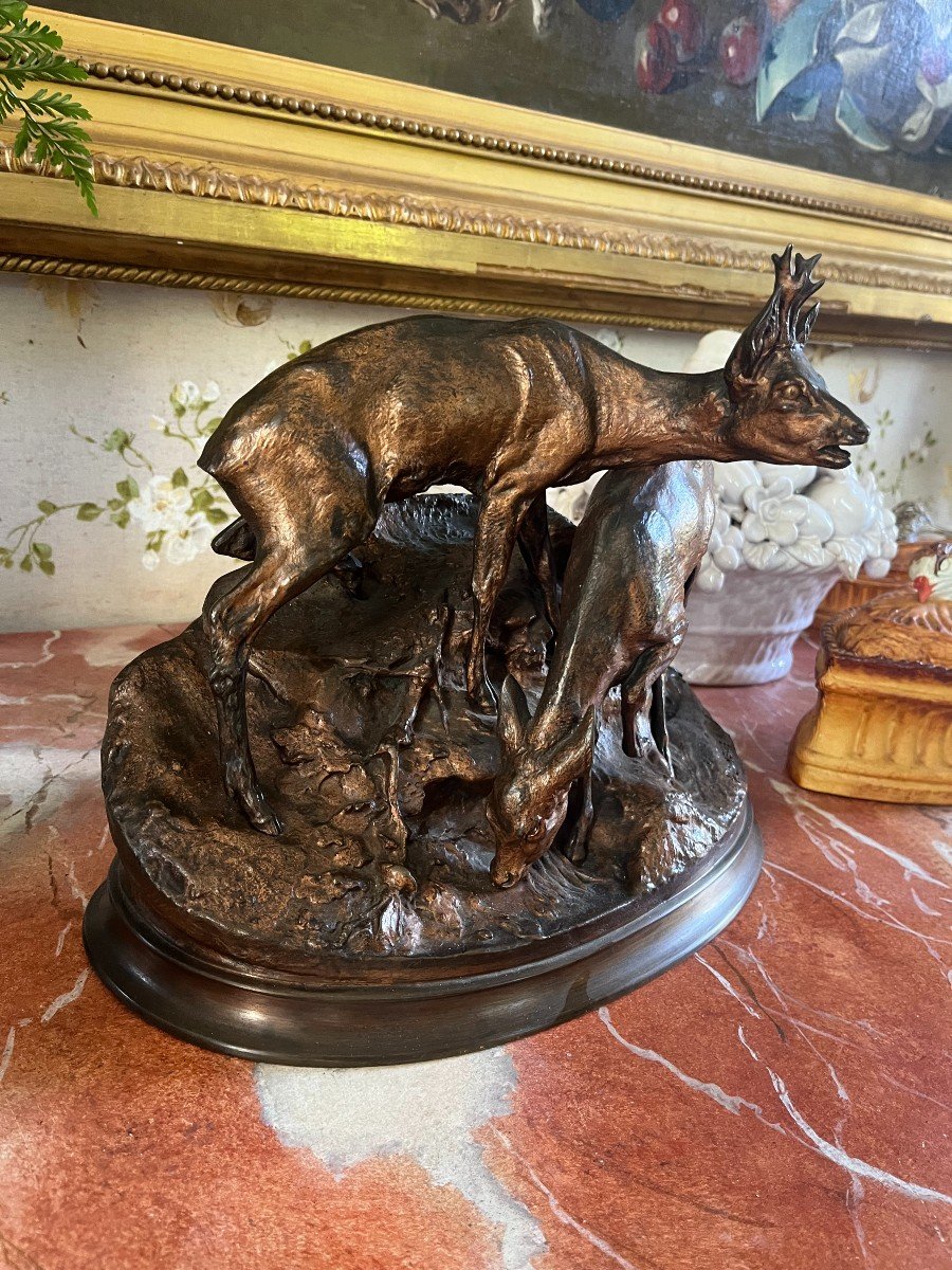 Animal Bronze, Pierre Jules Mène, Pair Of Roe Deer, Hunting, Hunting-photo-2