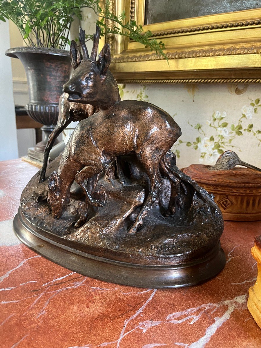 Animal Bronze, Pierre Jules Mène, Pair Of Roe Deer, Hunting, Hunting-photo-3